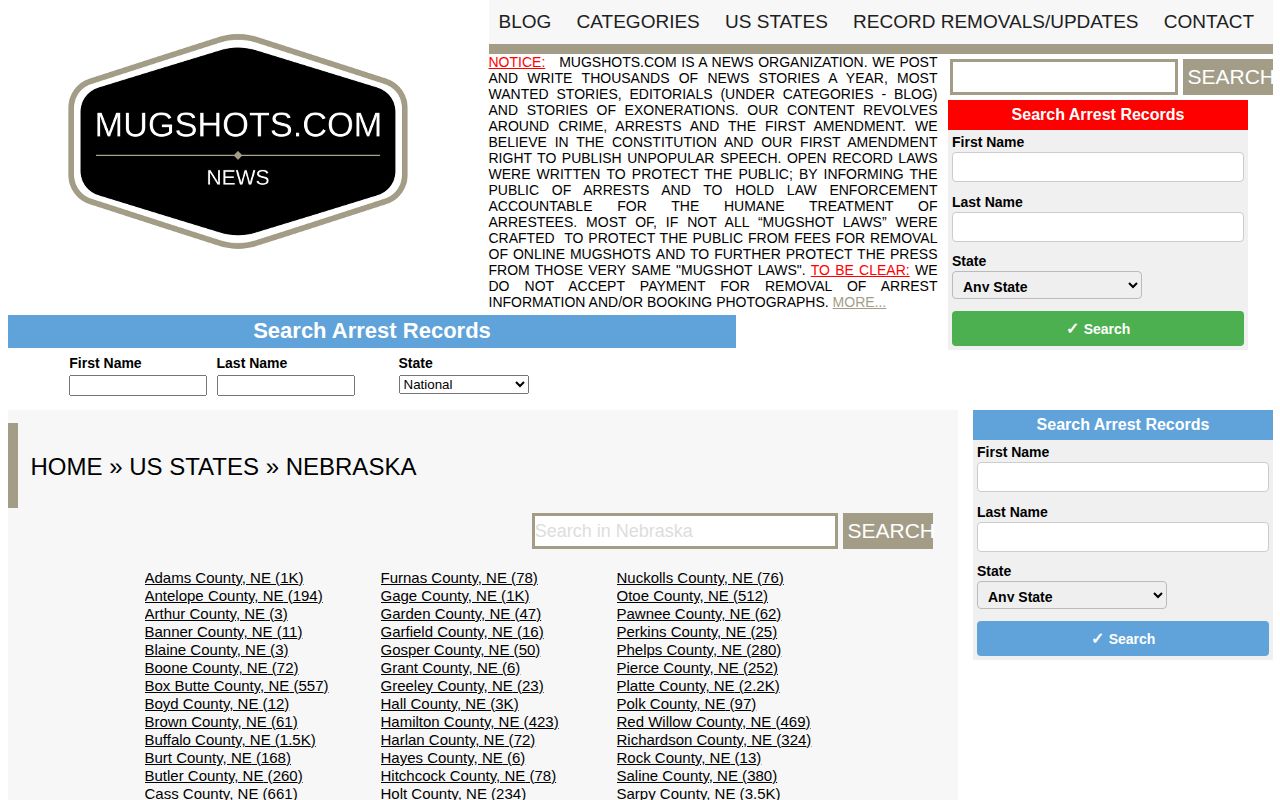 Grant County private mugshot news index on a Nebraska state page