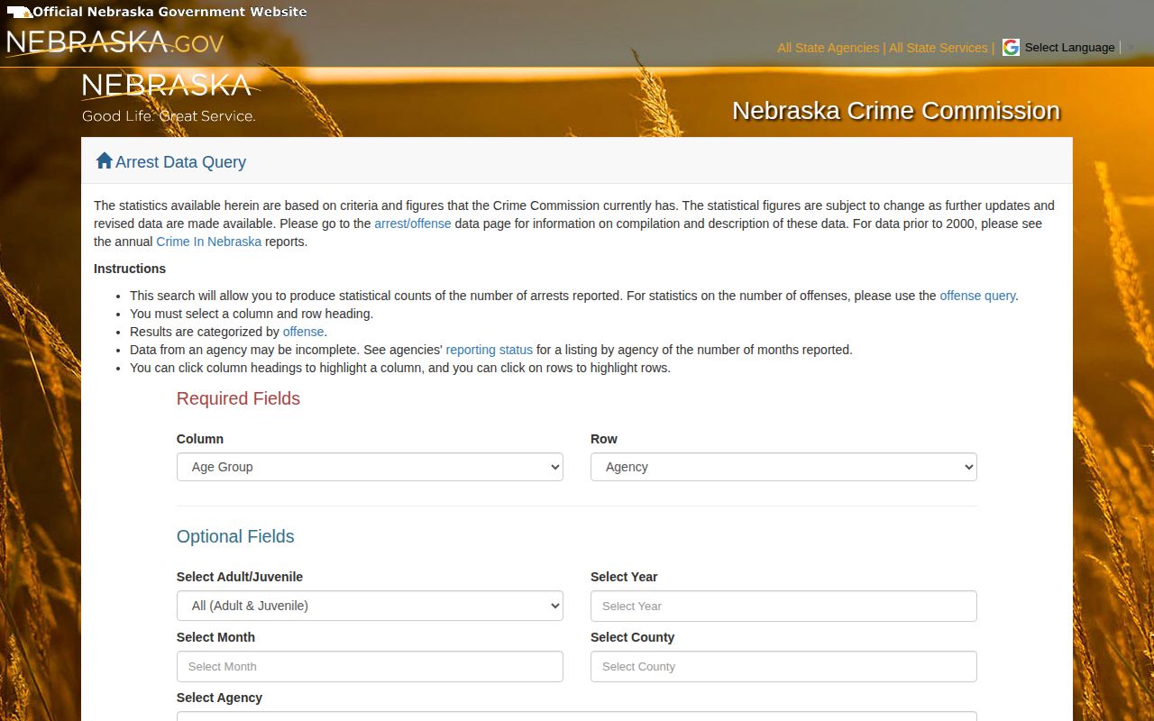 Grant County reported arrest data search from the Nebraska Crime Commission